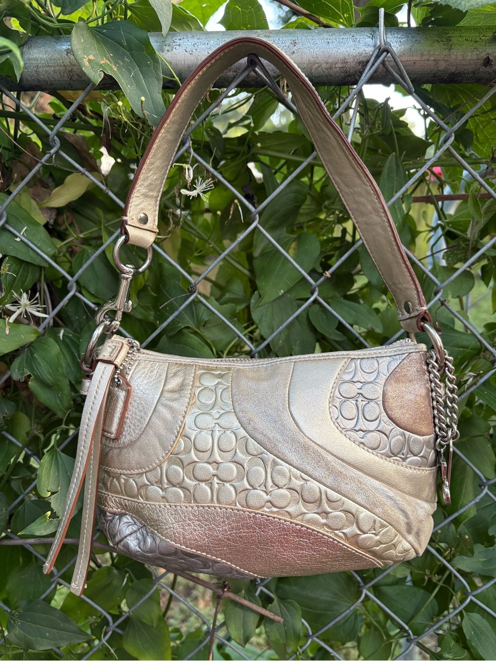 Coach Metallic Patchwork Shoulder Bag - Gold and Rose